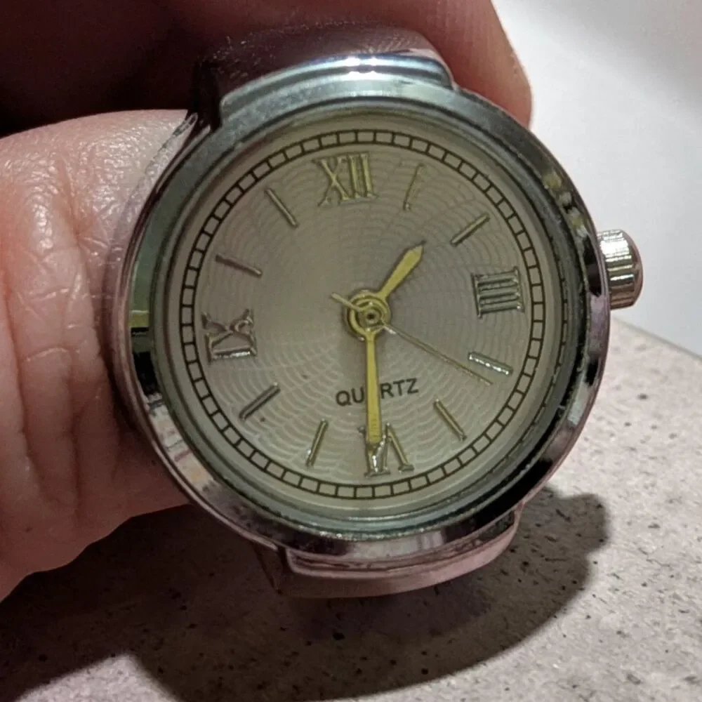 Silver Tone Quartz Ring Watch, Stretch Band, Retro Statement Jewelry